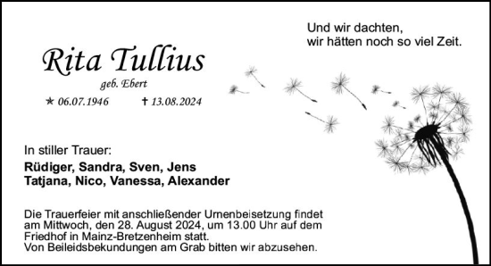 Traueranzeige von Rita Tullius von Allgemeine Zeitung Mainz