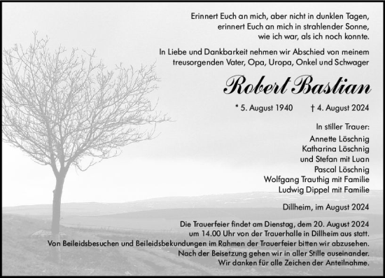 Traueranzeige von Robert Bastian von Wetzlarer Neue Zeitung