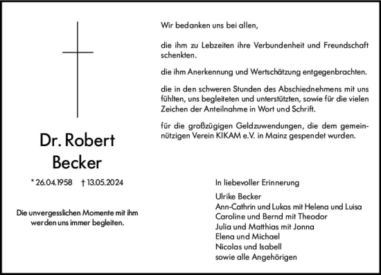 Traueranzeige von Robert Becker von Allgemeine Zeitung Mainz