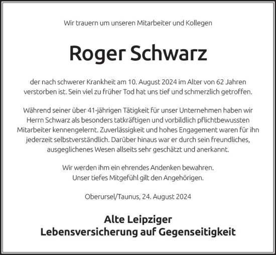Traueranzeige von Roger Schwarz von Wetzlarer Neue Zeitung
