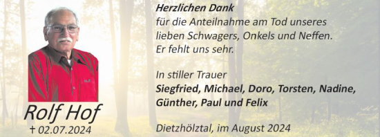 Traueranzeige von Rolf Hof von Dill Block
