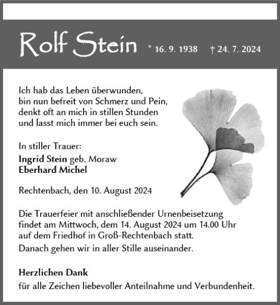 Traueranzeige von Rolf Stein von Wetzlarer Neue Zeitung