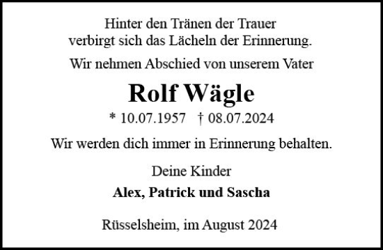 Traueranzeige von Rolf Wägle von Rüsselsheimer Echo