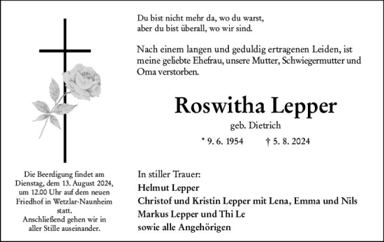 Traueranzeige von Roswitha Lepper von Wetzlarer Neue Zeitung