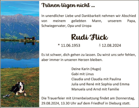 Traueranzeige von Rudi Flick von Dieburger Anzeiger/Groß-Zimmerner Lokal-Anzeiger