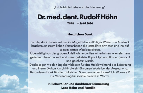 Traueranzeige von Rudolf Höhn von Wormser Zeitung