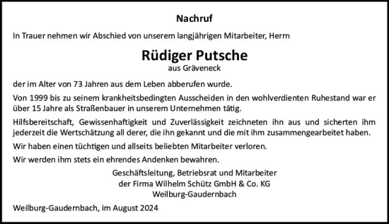 Traueranzeige von Rüdiger Putsche von Weilburger Tageblatt