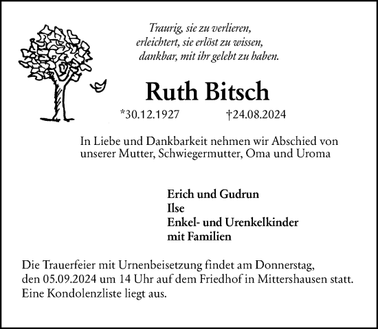 Traueranzeige von Ruth Bitsch von Starkenburger Echo