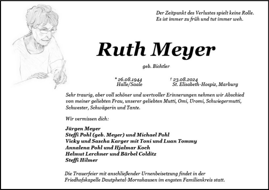 Traueranzeige von Ruth Meyer von Hinterländer Anzeiger