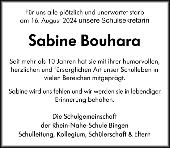 Traueranzeige von Sabine Bouhara von Allgemeine Zeitung Rheinhessen-Nahe