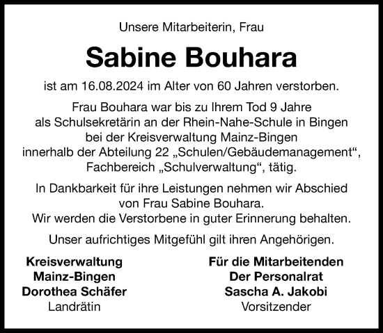 Traueranzeige von Sabine Bouhara von Allgemeine Zeitung Rheinhessen-Nahe