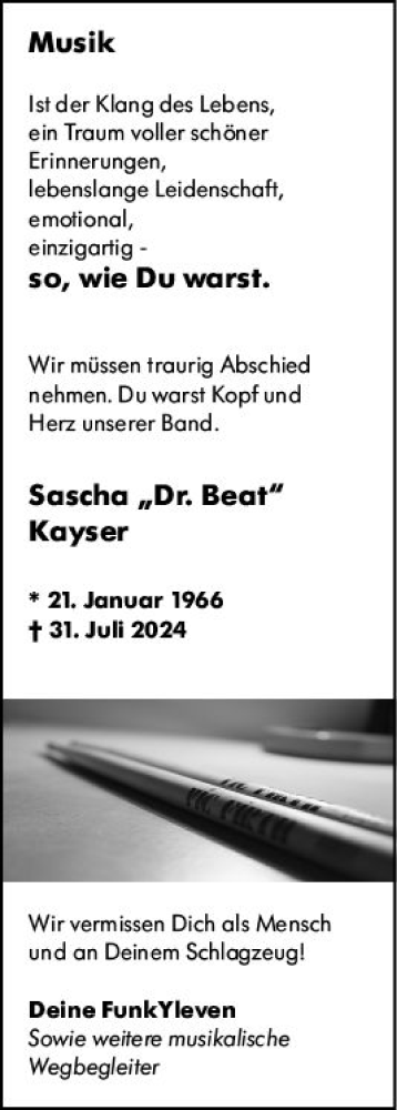 Traueranzeige von Sascha Kayser von Allgemeine Zeitung Mainz