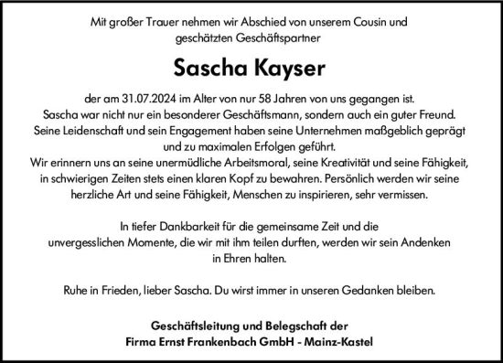 Traueranzeige von Sascha Kayser von Allgemeine Zeitung Mainz