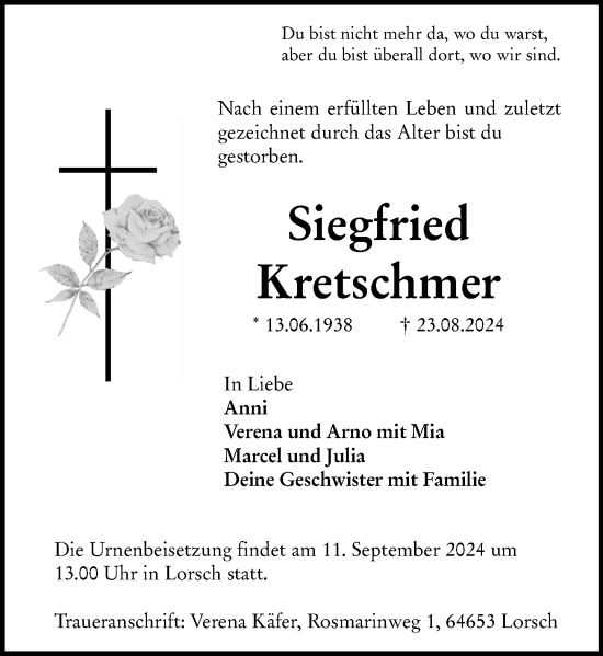 Traueranzeige von Siegfried Kretschmer von Starkenburger Echo