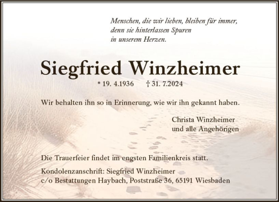 Traueranzeige von Siegfried Winzheimer von Wiesbadener Kurier