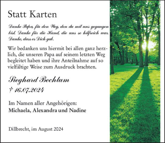 Traueranzeige von Sieghard Bechtum von Dill Block