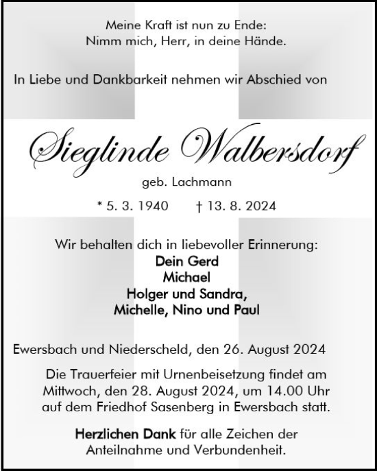 Traueranzeige von Sieglinde Walbersdorf von Dill Block