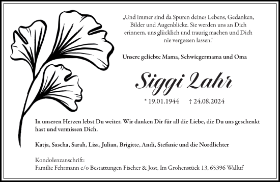 Traueranzeige von Siggi Lahr von Wiesbadener Kurier
