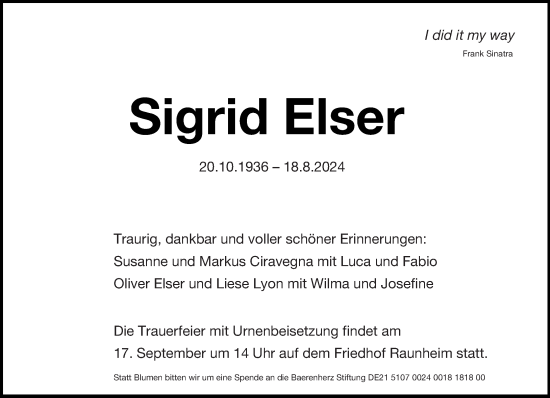 Traueranzeige von Sigrid Elser von Rüsselsheimer Echo