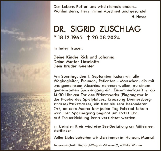 Traueranzeige von Sigrid Zuschlag von Wormser Zeitung