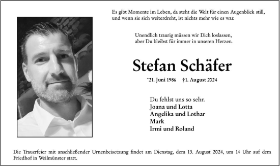 Traueranzeige von Stefan Schäfer von Weilburger Tageblatt