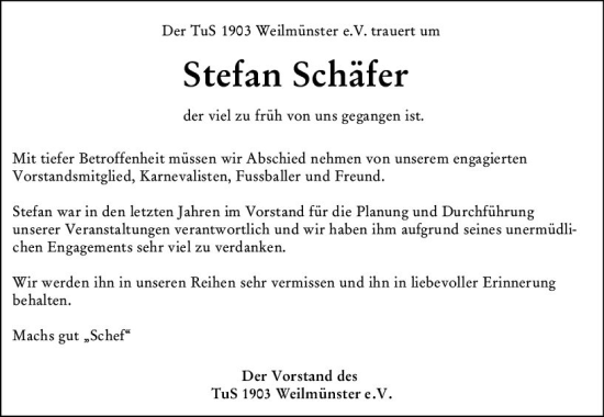 Traueranzeige von Stefan Schäfer von Weilburger Tageblatt