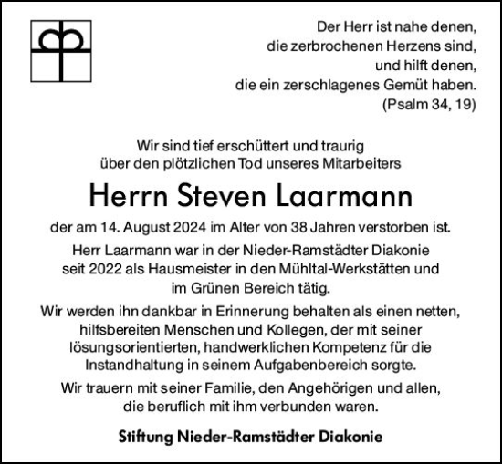Traueranzeige von Steven Laarmann von Darmstädter Echo