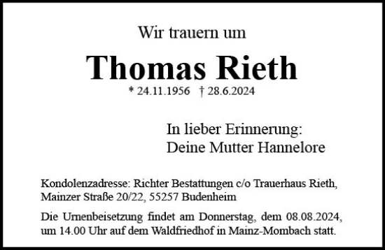Traueranzeige von Thomas Rieth von Allgemeine Zeitung Mainz