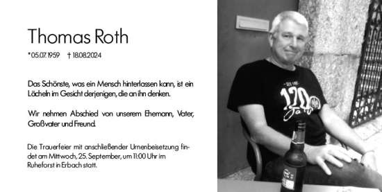 Traueranzeige von Thomas Roth von Dieburger Anzeiger/Groß-Zimmerner Lokal-Anzeiger