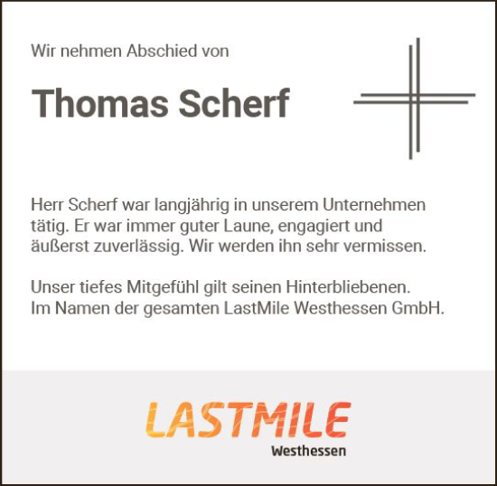 Traueranzeige von Thomas Scherf von Wiesbadener Kurier