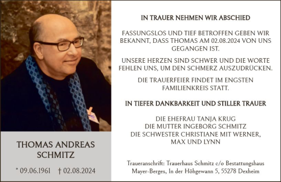 Traueranzeige von Thomas Andreas Schmitz von Allgemeine Zeitung Mainz