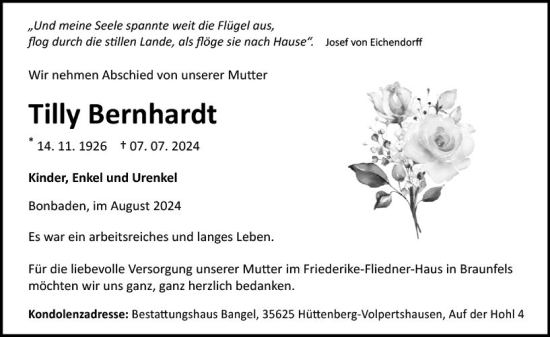 Traueranzeige von Tilly Bernhardt von Wetzlarer Neue Zeitung