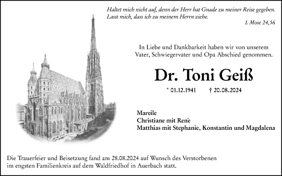 Traueranzeige von Toni Geiß von Starkenburger Echo