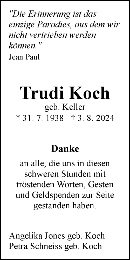 Traueranzeige von Trudi Koch von Allgemeine Zeitung Mainz