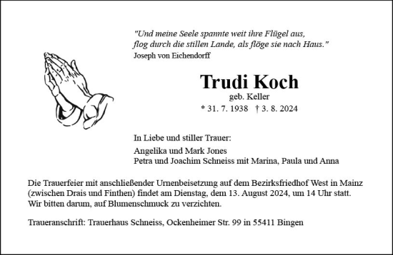 Traueranzeige von Trudi Koch von Allgemeine Zeitung Mainz