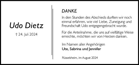 Traueranzeige von Udo Dietz von Rüsselsheimer Echo
