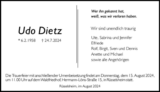 Traueranzeige von Udo Dietz von Rüsselsheimer Echo