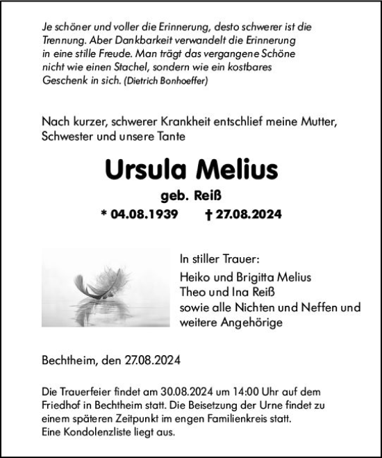 Traueranzeige von Ursula Melius von Wormser Zeitung