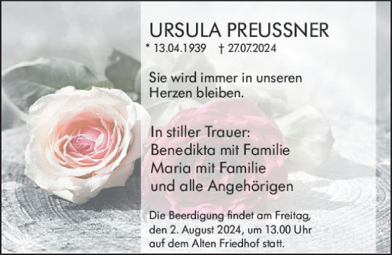 Traueranzeige von Ursula Preussner von Hochheimer Zeitung