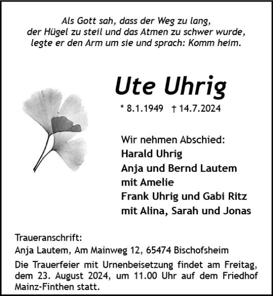 Traueranzeige von Ute Uhrig von Allgemeine Zeitung Mainz