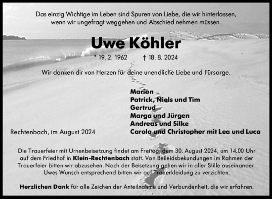 Traueranzeige von Uwe Köhler von Wetzlarer Neue Zeitung
