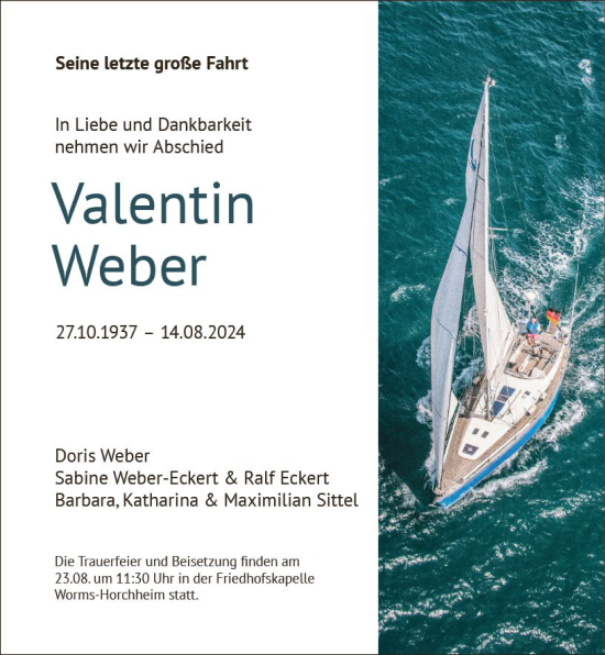 Traueranzeige von Valentin Weber von Wormser Zeitung