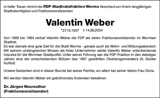 Traueranzeige von Valentin Weber von Wormser Zeitung