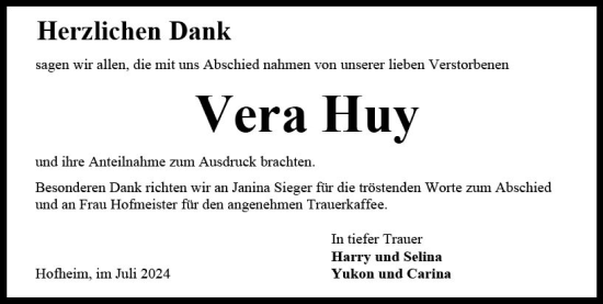 Traueranzeige von Vera Huy von Wormser Zeitung