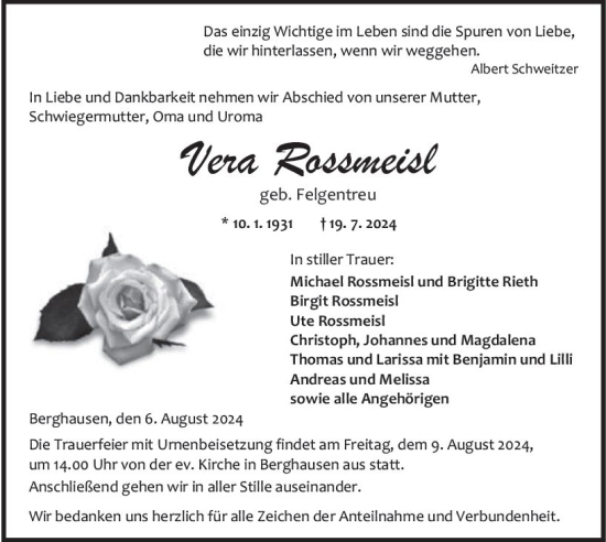 Traueranzeige von Vera Rossmeisl von Wetzlarer Neue Zeitung