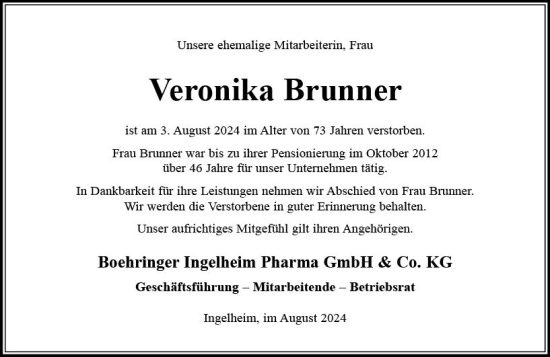 Traueranzeige von Veronika Brunner von Allgemeine Zeitung Rheinhessen-Nahe