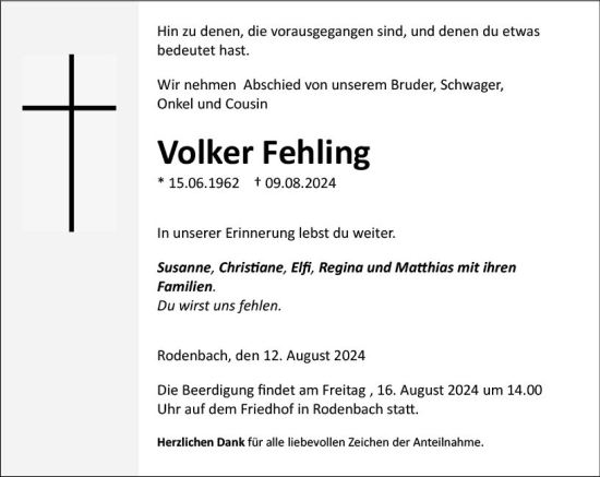 Traueranzeige von Volker Fehling von Dill Block