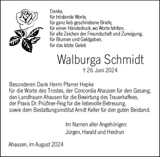 Traueranzeige von Walburga  Schmidt von Weilburger Tageblatt