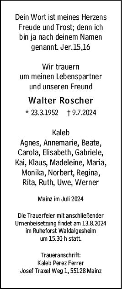 Traueranzeige von Walter Roscher von Allgemeine Zeitung Mainz
