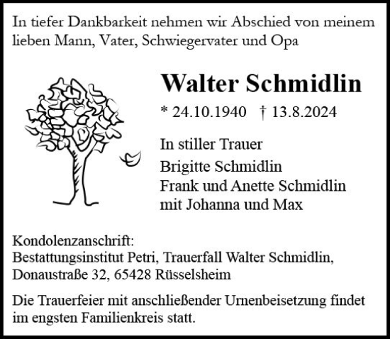 Traueranzeige von Walter Schmidlin von Rüsselsheimer Echo